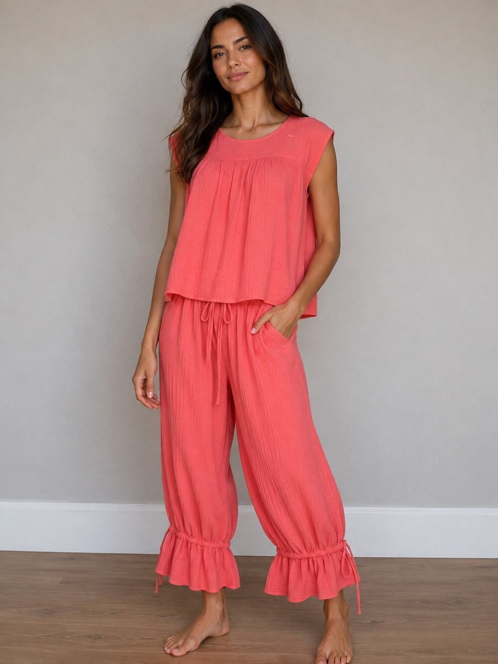 Coral Gauze 2 Piece Set Flowy Top Wide Leg Ruffle Pants Drawstring Resort NWOT